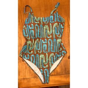 Abstract Print One Piece Swimsuit Brown Teal Gold Chain Straps XL Fits Large